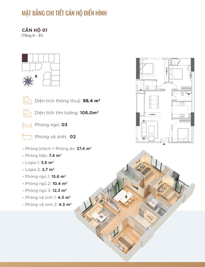Thiết kế chi tiết căn hộ 01 Golden Park Tower